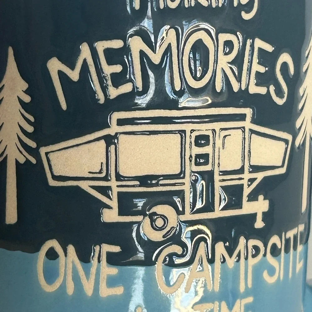 SOLD—Campsite Memories Raised Image Coffee Mug Gift Spectrum Designs Blue - Picture 6 of 7